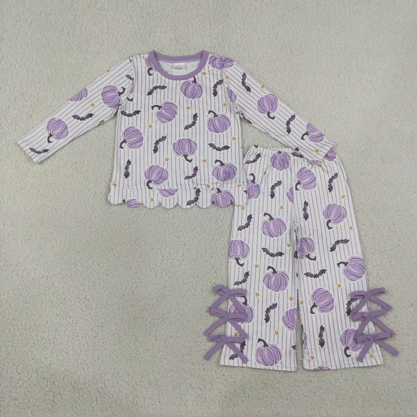 NEW RTS NO MOQ milk silk GLP3438 Baby Girls Bats Pumpkins Stripe Scallop Top Bows Pants Halloween Clothes Set
