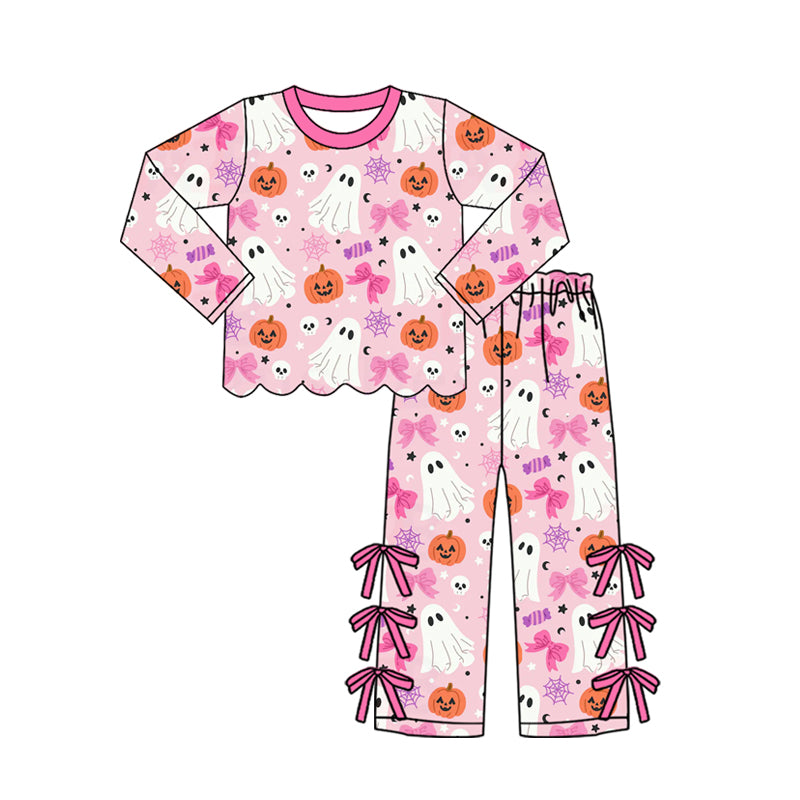 (Preorder new) No moq Baby Girls Cute Spooky Ghosts Pumpkins Scallop Trim Top Bow Pants Daily Clothes Sets