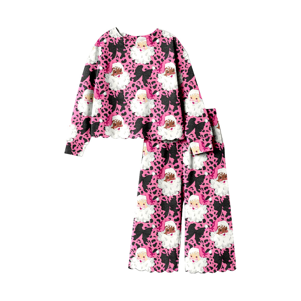(Preorder new) No moq GLP3446 Baby Girls Pink Leopard Santa Top Loose Fit Flare Trousers Holiday Clothes Sets
