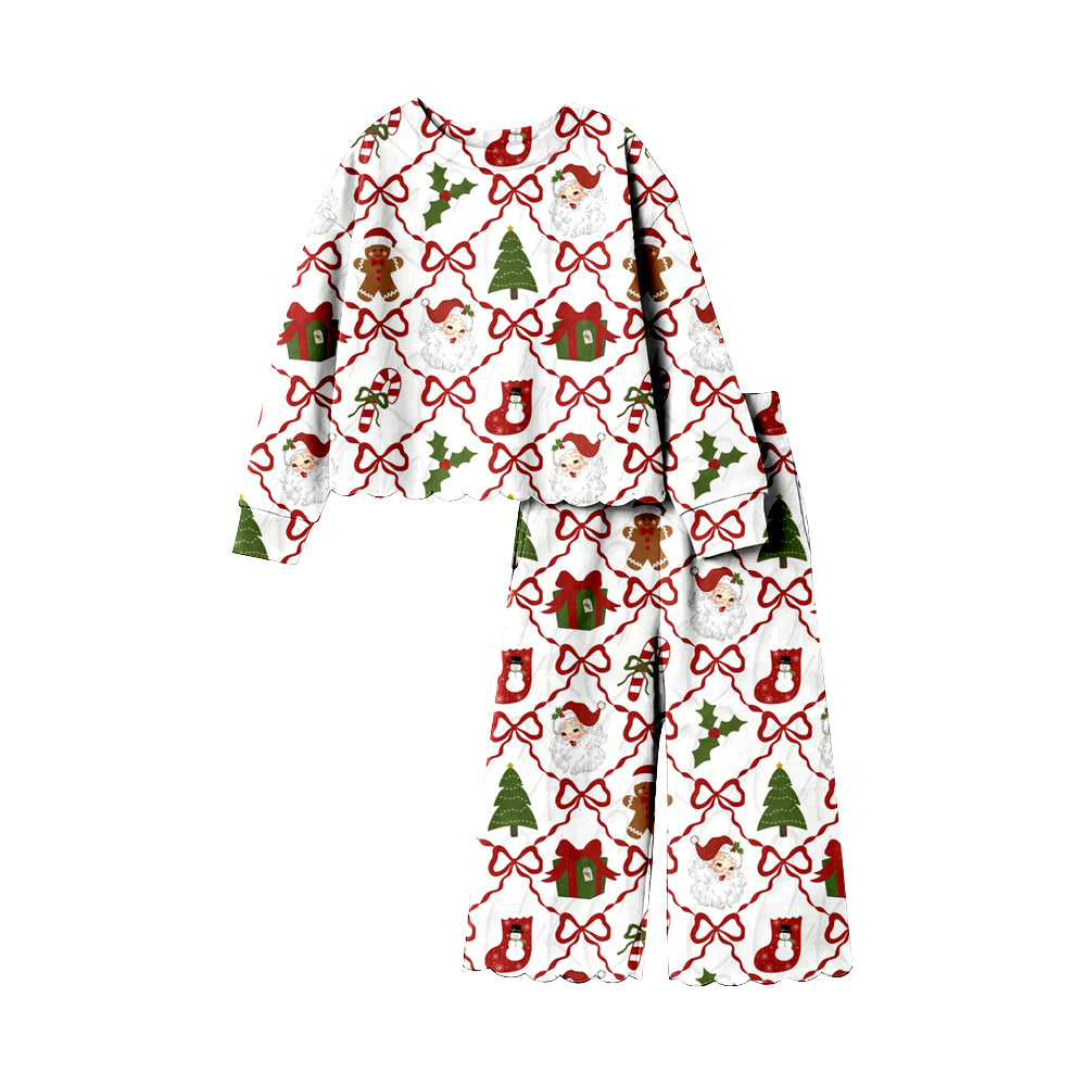 (Preorder new) No moq GLP3447 Baby Girls Santa Tree Plaid Bow Long Sleeve Top Flared Pants Casual Sets