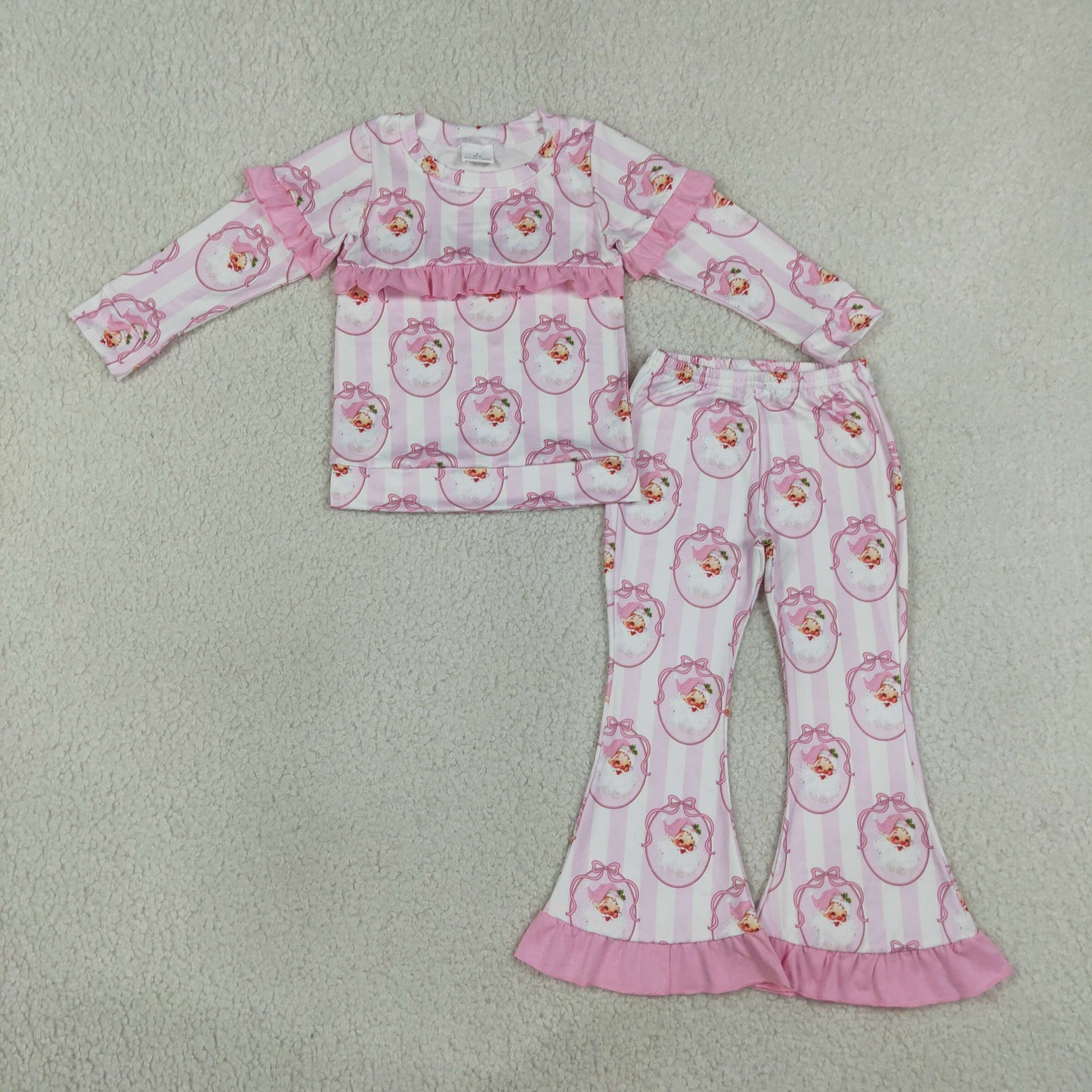 NEW RTS NO MOQ milk silk GLP3450 Baby Girls Pink Stripe Bows Santa Top Bell Bottom Pant Christmas Clothes Sets
