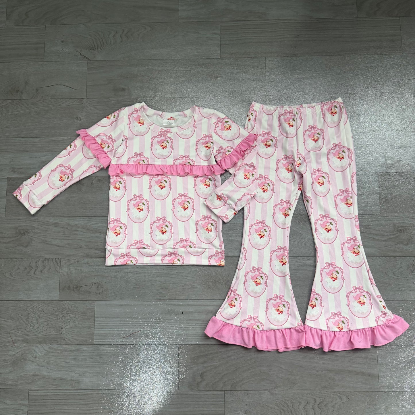 (Sample) No moq milk silk GLP3450 Baby Girls Pink Bow Santa Stripe Print Long Sleeve Top Bell Bottom Flare Pants Christmas Clothes Set