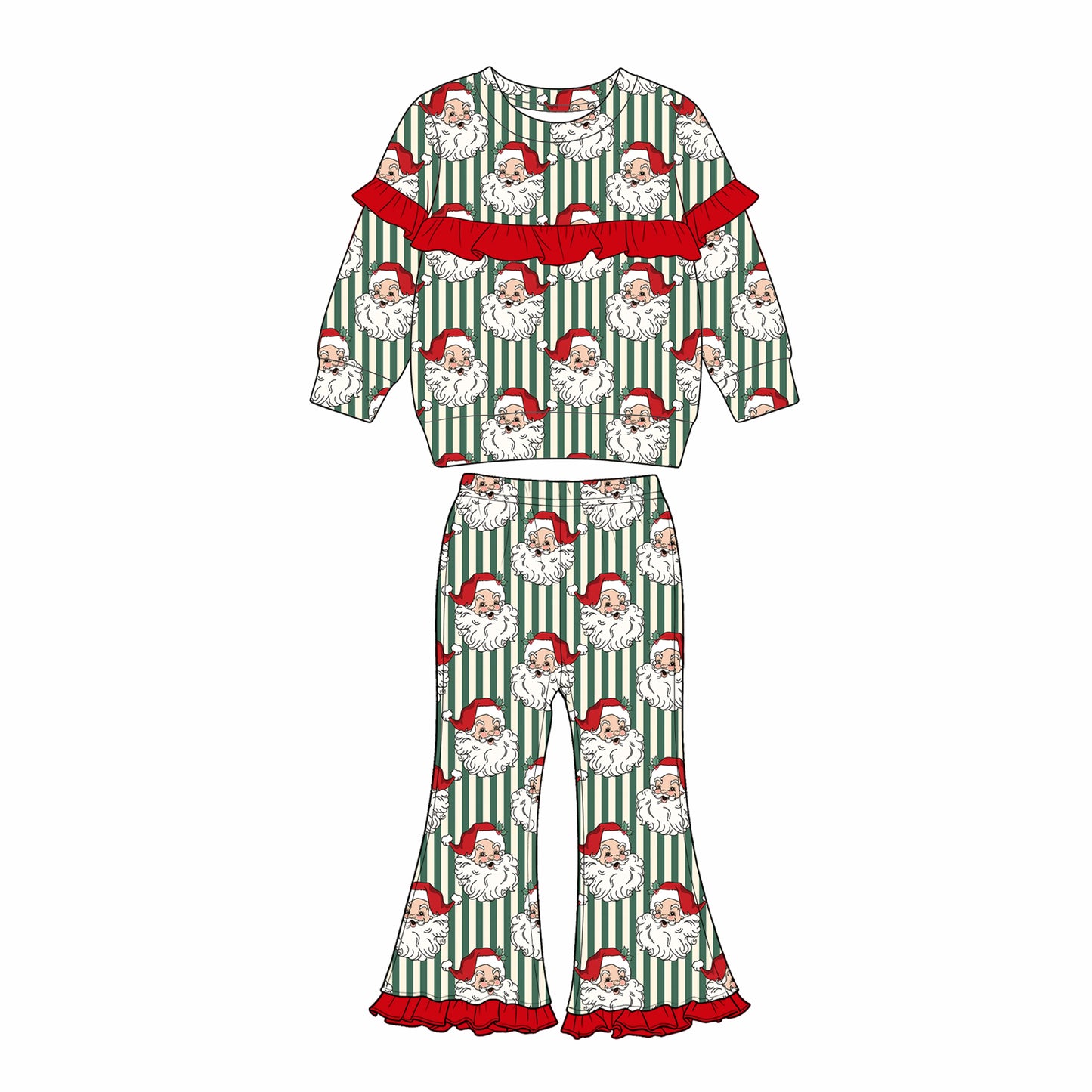 (Preorder new) No moq Baby Girls Cute Cute Santa Stripe Top Flared Bell Pant Christmas Clothes Set