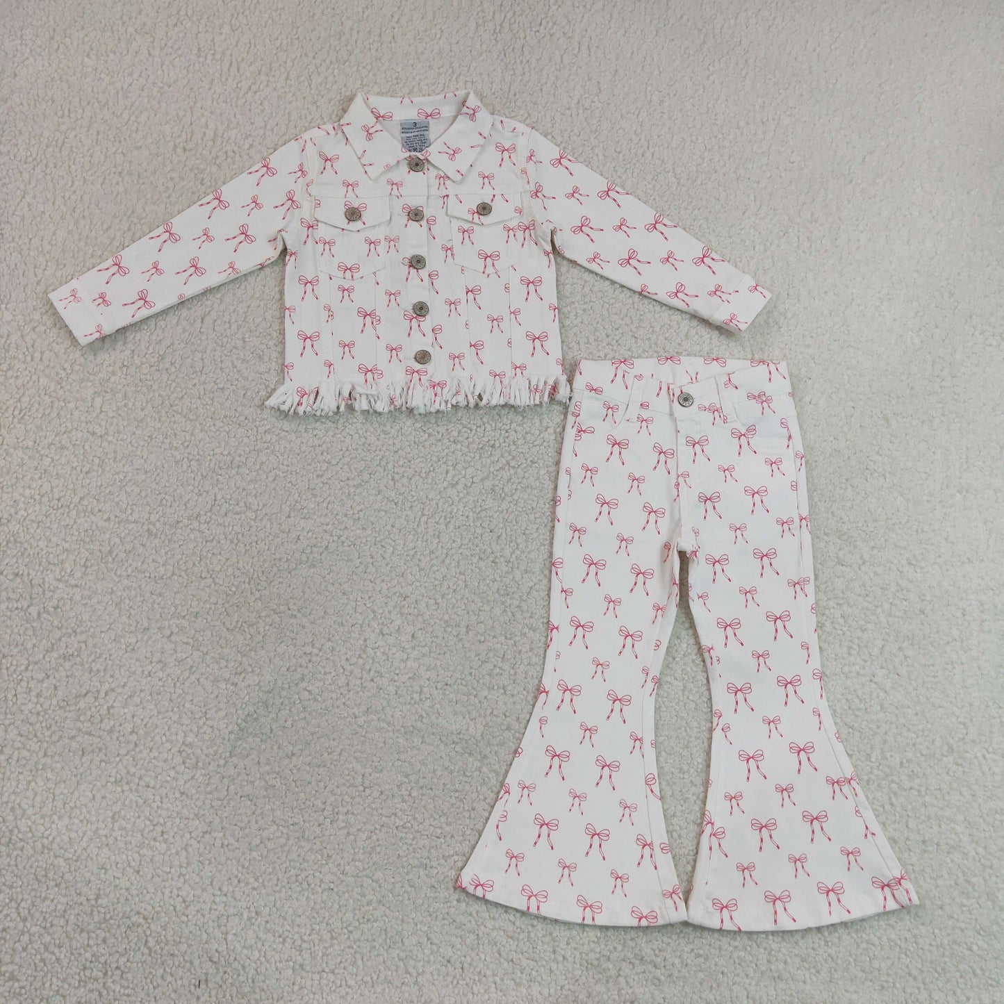 RTS NO MOQ milk silk GLP3453(GT1729+P1042)Baby Girls Pink Bow Print Long Sleeve Denim Jacket Flared Jeans Matching Set