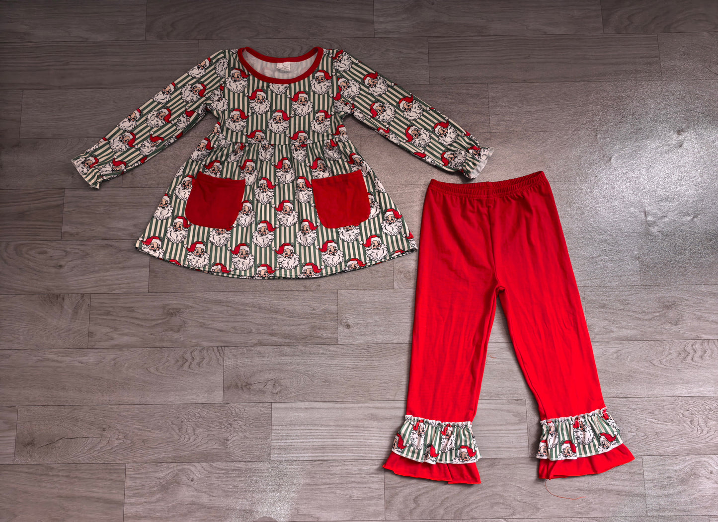 (Sample) No moq milk silk GLP3454 Baby Girls Green Stripe Santa Pockets Tunic Ruffle Pant Christmas Clothes Set