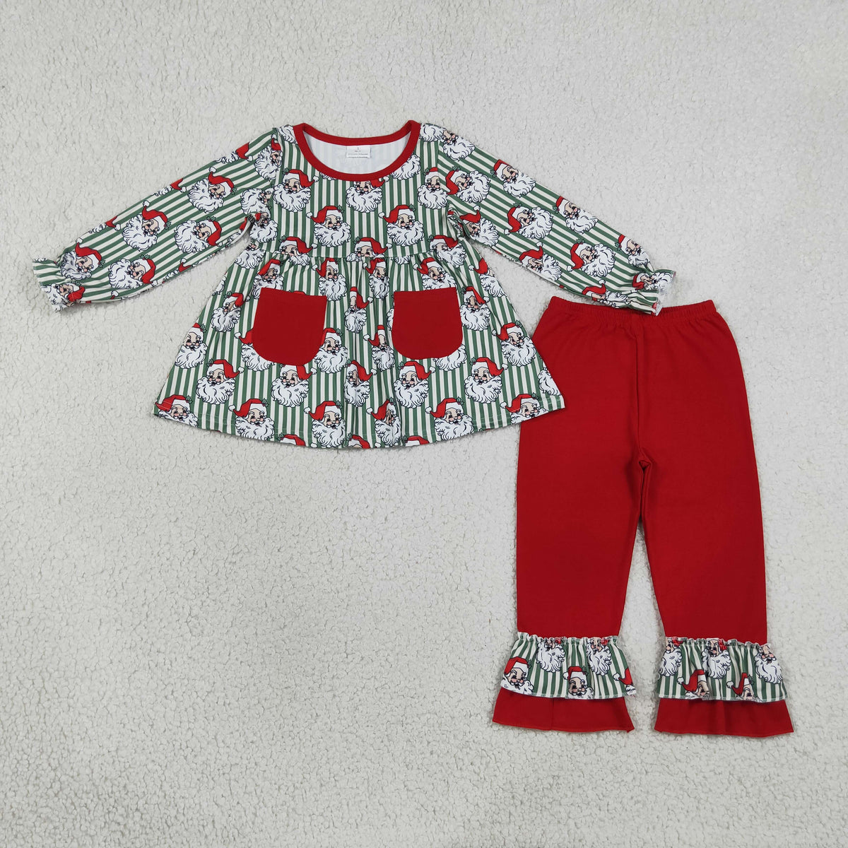 RTS NO MOQ Sibling milk silk Baby Girls Santa Christmas Tree Print Long Sleeve Top And Flare Pants Set