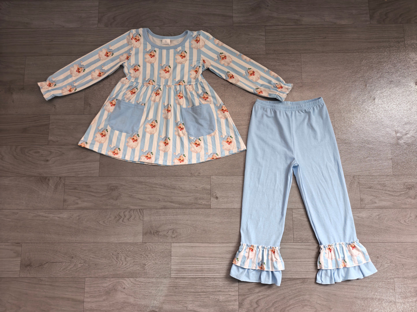 (Sample) No moq milk silk GLP3455 Baby Girls Blue Stripe Santa Pockets Tunic Ruffle Pant Christmas Clothes Set
