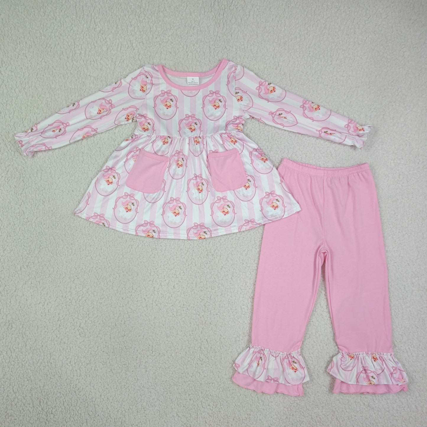 NEW RTS NO MOQ milk silk GLP3456 Baby Girls Pink Stripe Bows Santa Pockets Tunic Ruffle Pant Christmas Clothes Sets