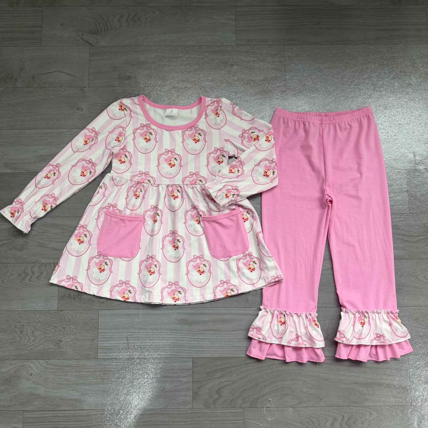 (Sample) No moq milk silk GLP3456 Baby Girls Pink Stripe Santa Print Bow Pocket Long Sleeve Tunic Ruffle Pants Christmas Clothes Set