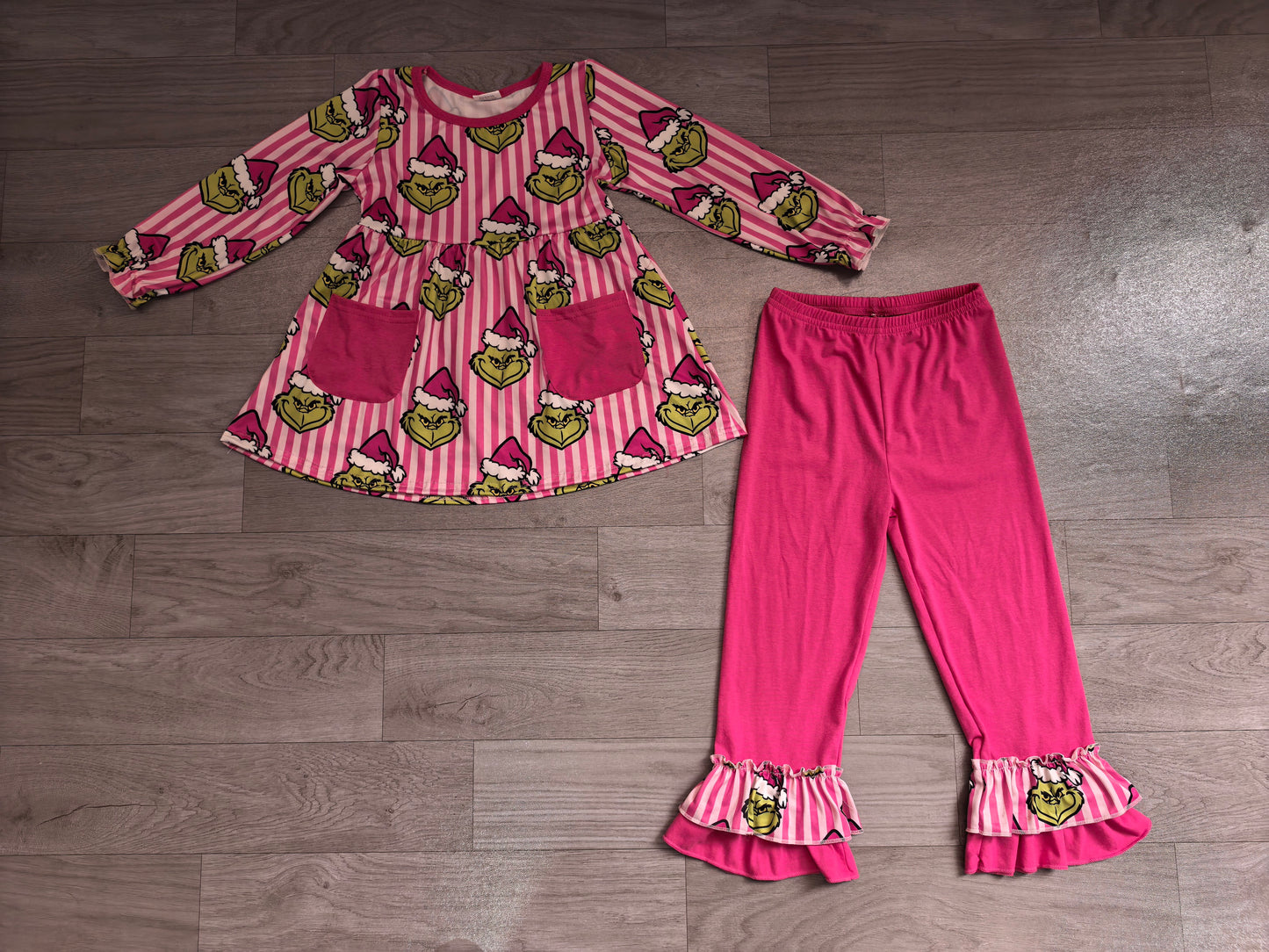 (Sample) No moq milk silk GLP3458 Baby Girls Pink Stripe Frogs Pockets Tunic Ruffle Pant Christmas Clothes Set