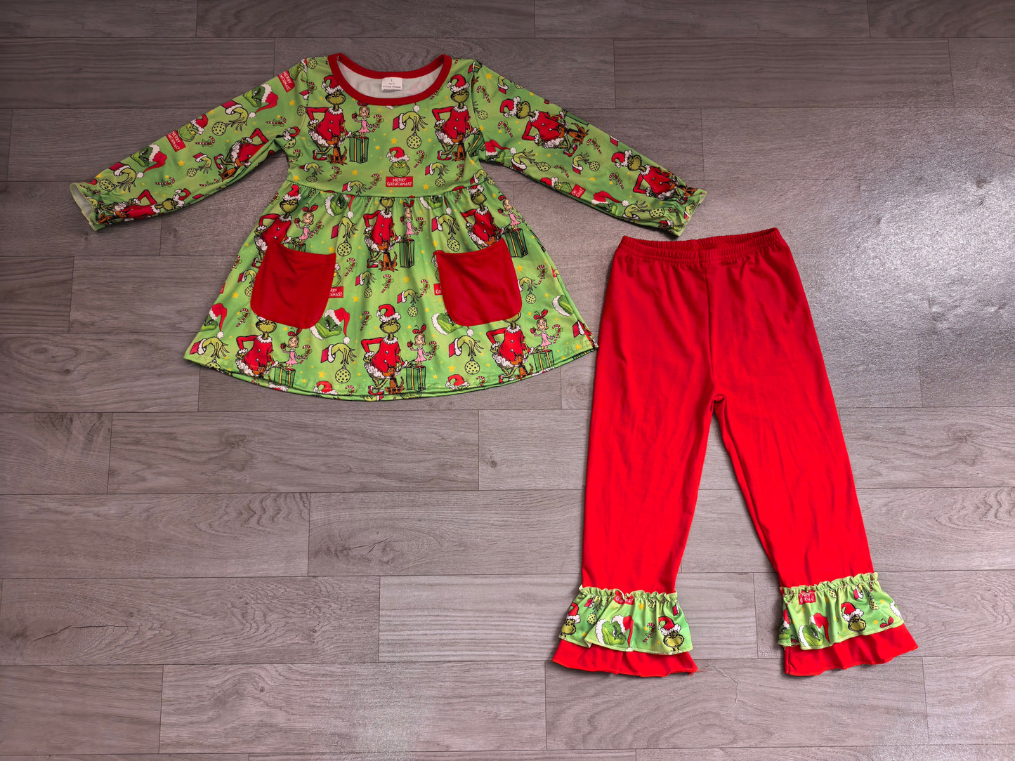 (Preorder new) No moq GLP3459 Baby Girls Green Pocket Long Sleeve Tunic Ruffle Pants Christmas Clothes Set