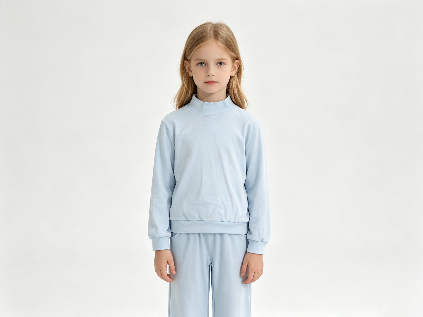 (Sample) No moq cotton GLP3472 Baby Girls Light Blue Pocket Long Sleeve Top Flare Pants Sleepwear Set
