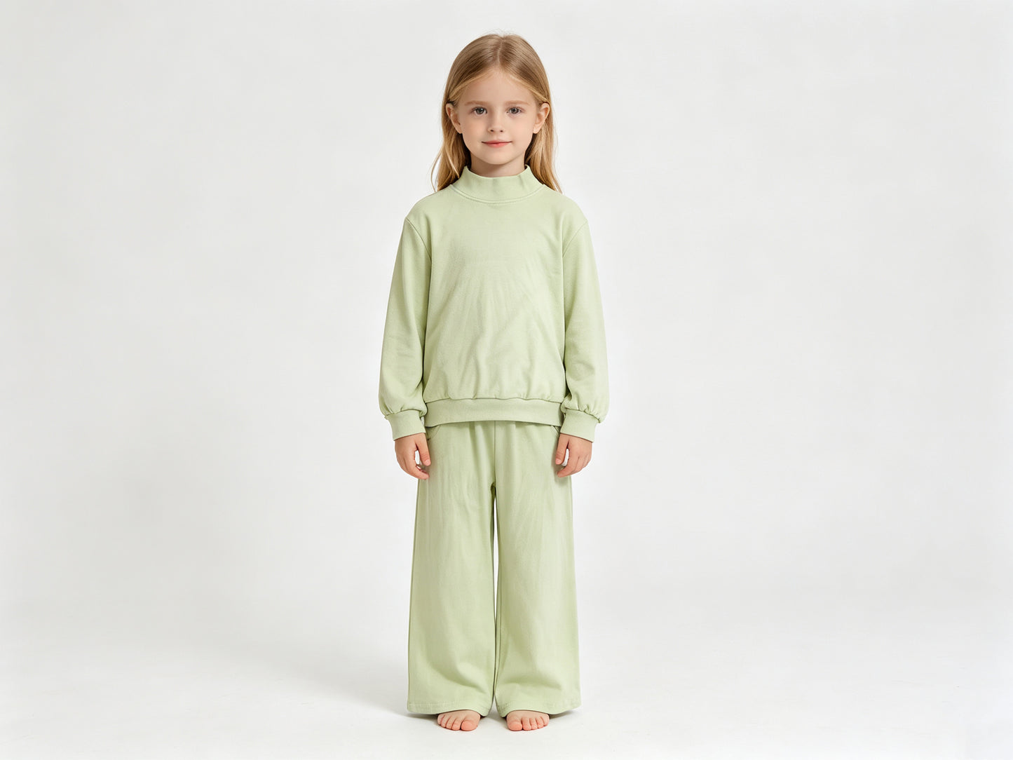 (Sample) No moq cotton GLP3474 Baby Girls Light Green Pocket Long Sleeve Top Flare Pants Sleepwear Set