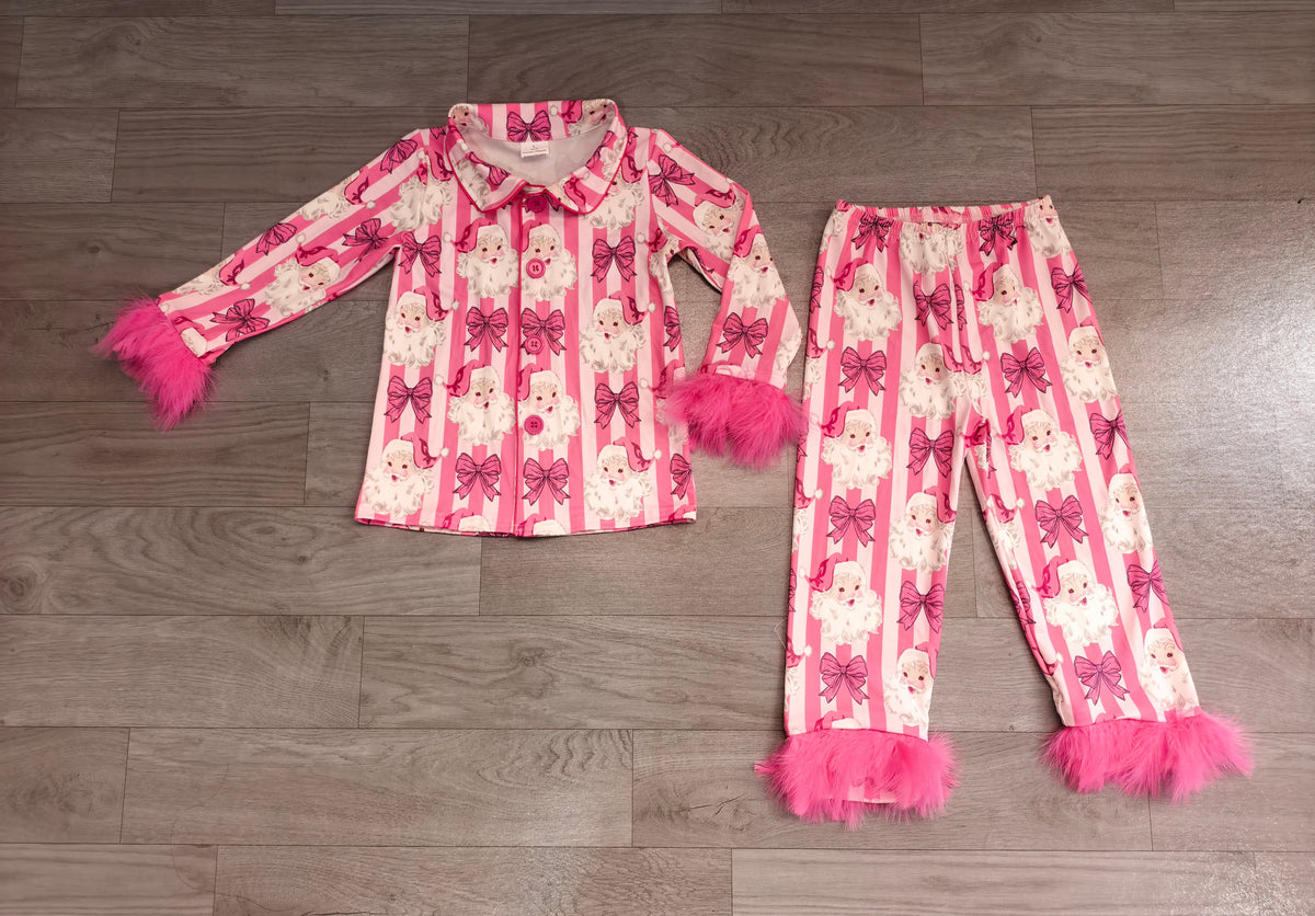 (Sample) No moq milk silk GLP3478 Baby Girls Pink Stripe Bows Santa Button Top Pant Christmas Fur Sleeves Pajamas Set