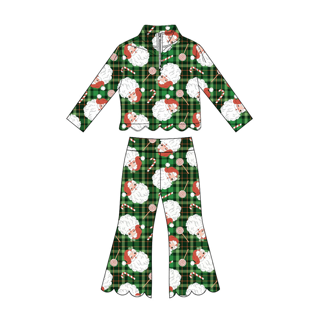 (Preorder new) No moq GLP3482 Baby Girls Santa Candy Cane Print Green Plaid Long Sleeve Zip Up Scallop Trim Top Pants Christmas Clothes Set