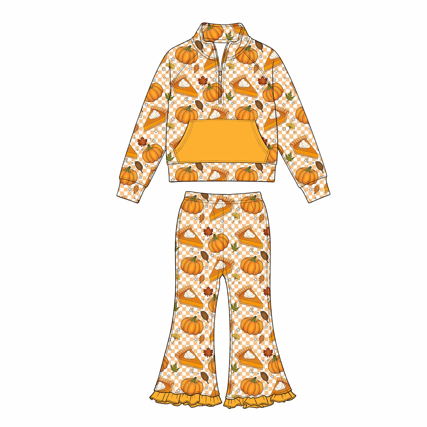 (Preorder new) No moq Baby Girls Pumpkin Cake Zip Pocket Pullover Flare Pant Set Farm Thanksgiving Holiday Wear