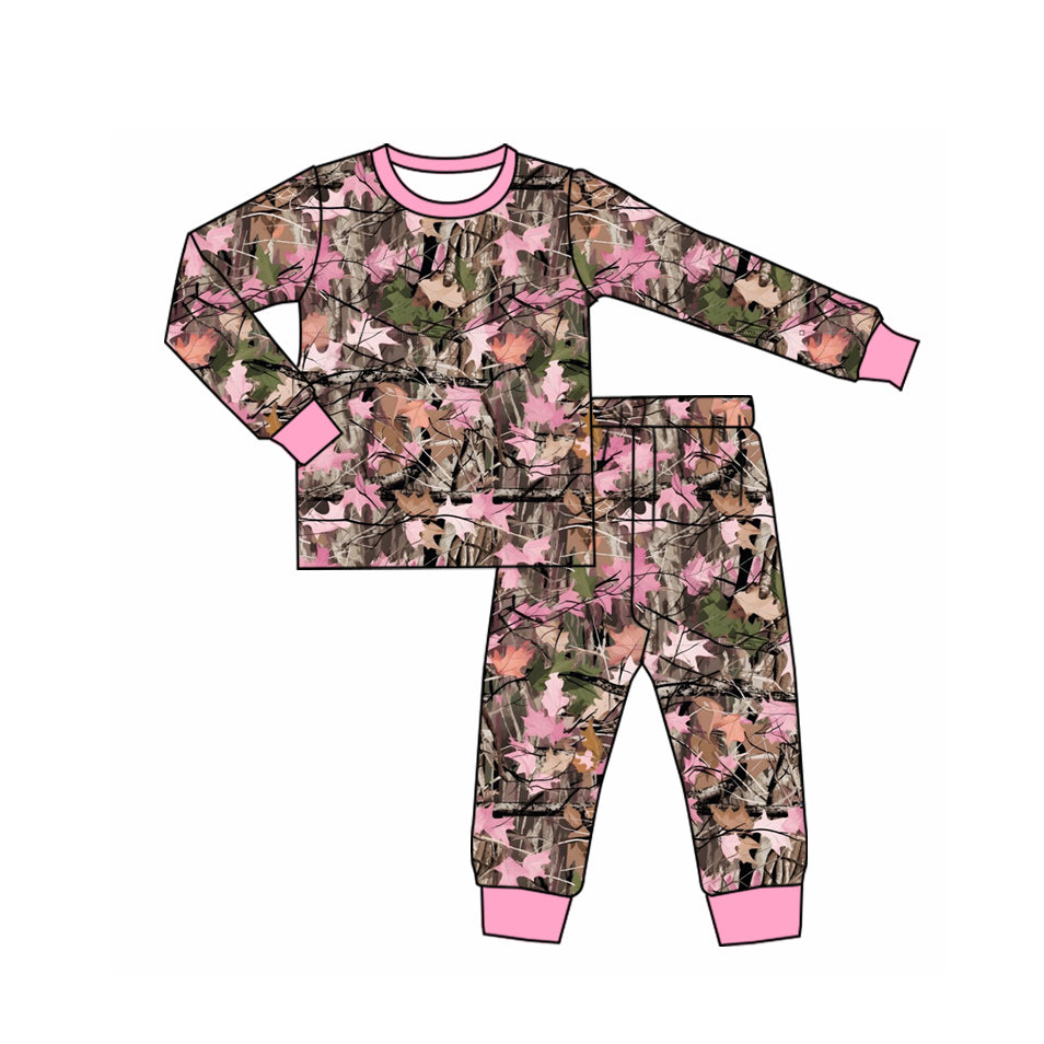 (Preorder new) No moq GLP3486 Baby Girls Pink Brown Leaves Camo Print Long Sleeve Top Pants Sleep Pajamas Set