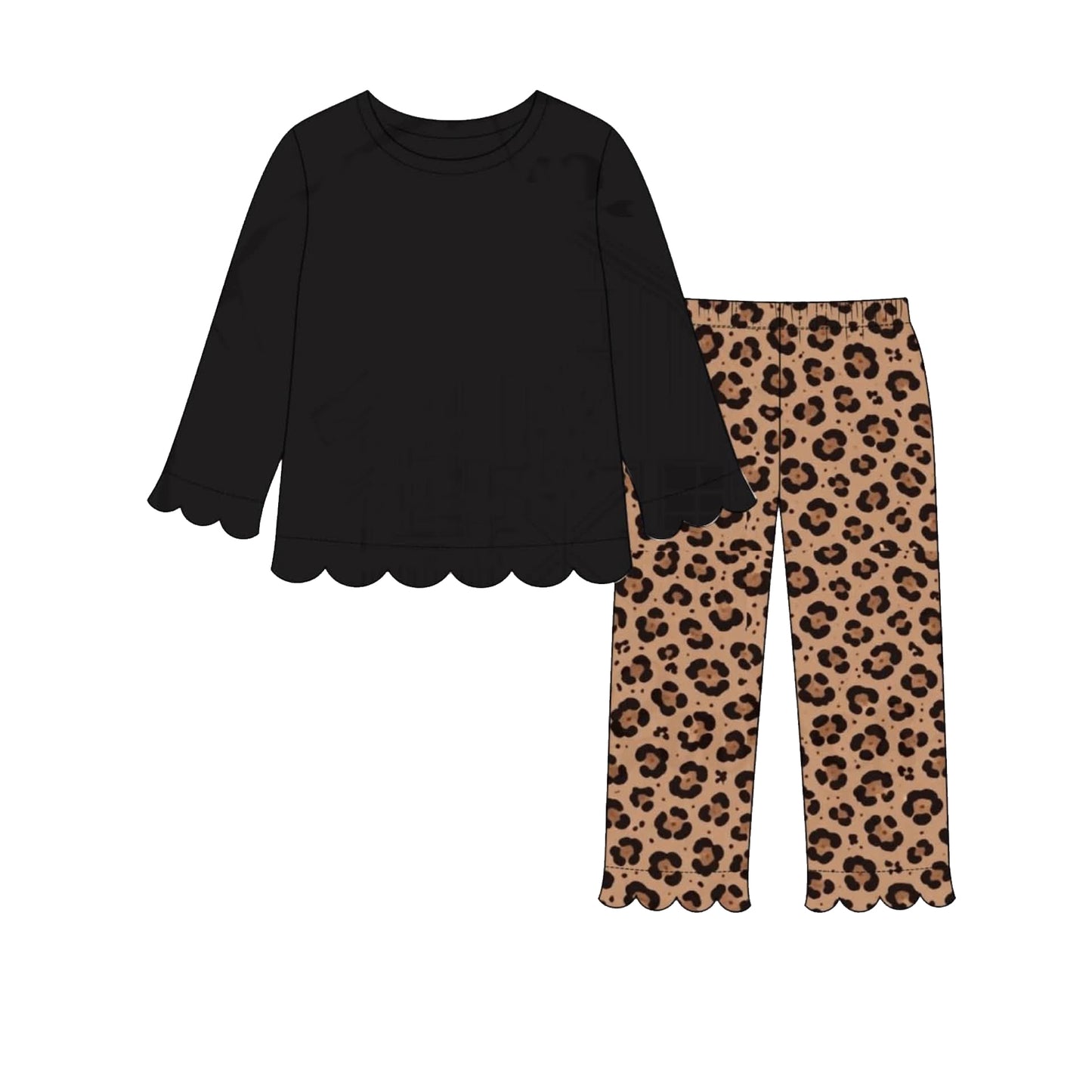(Preorder new) No moq GLP3488 Baby Girls Solid Black Shirt Top Leopard Print Scallop Trim Pants Set