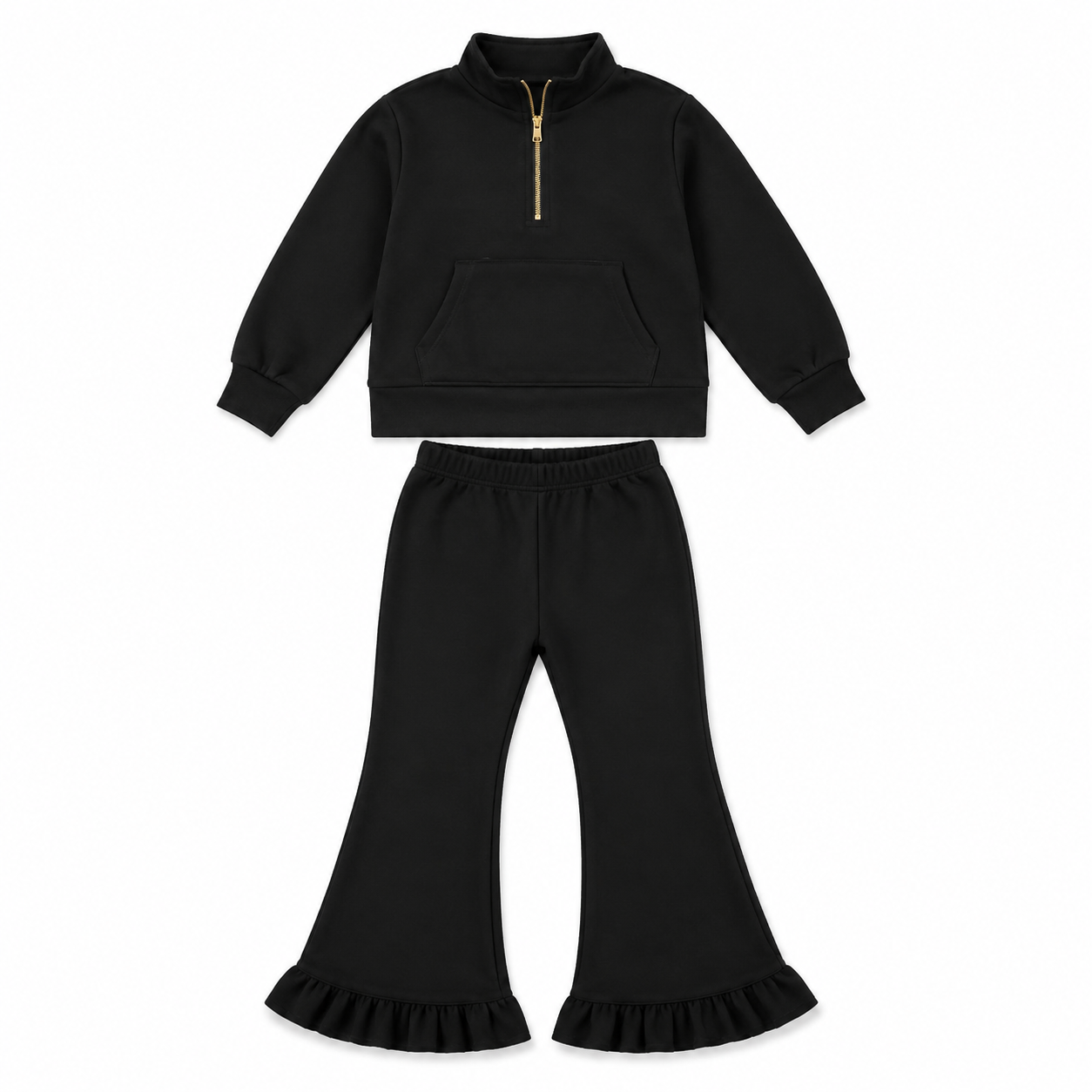 (Preorder new) No moq GLP3489 Sweatshirt Material Kids Girls Black Zip Pockets Top Flare Ruffle Pant Clothes Set Casual Outfit