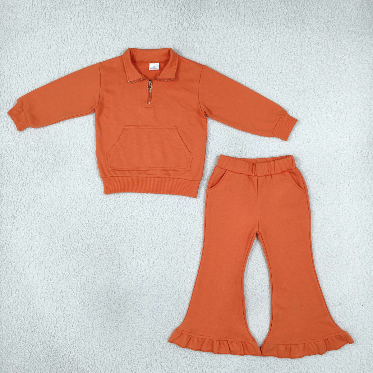 RTS NO MOQ Sibling fleece Baby Girls Fall Solid Pullover Quarter Zip Sweatshirt Ruffle Bell Bottom Outfit