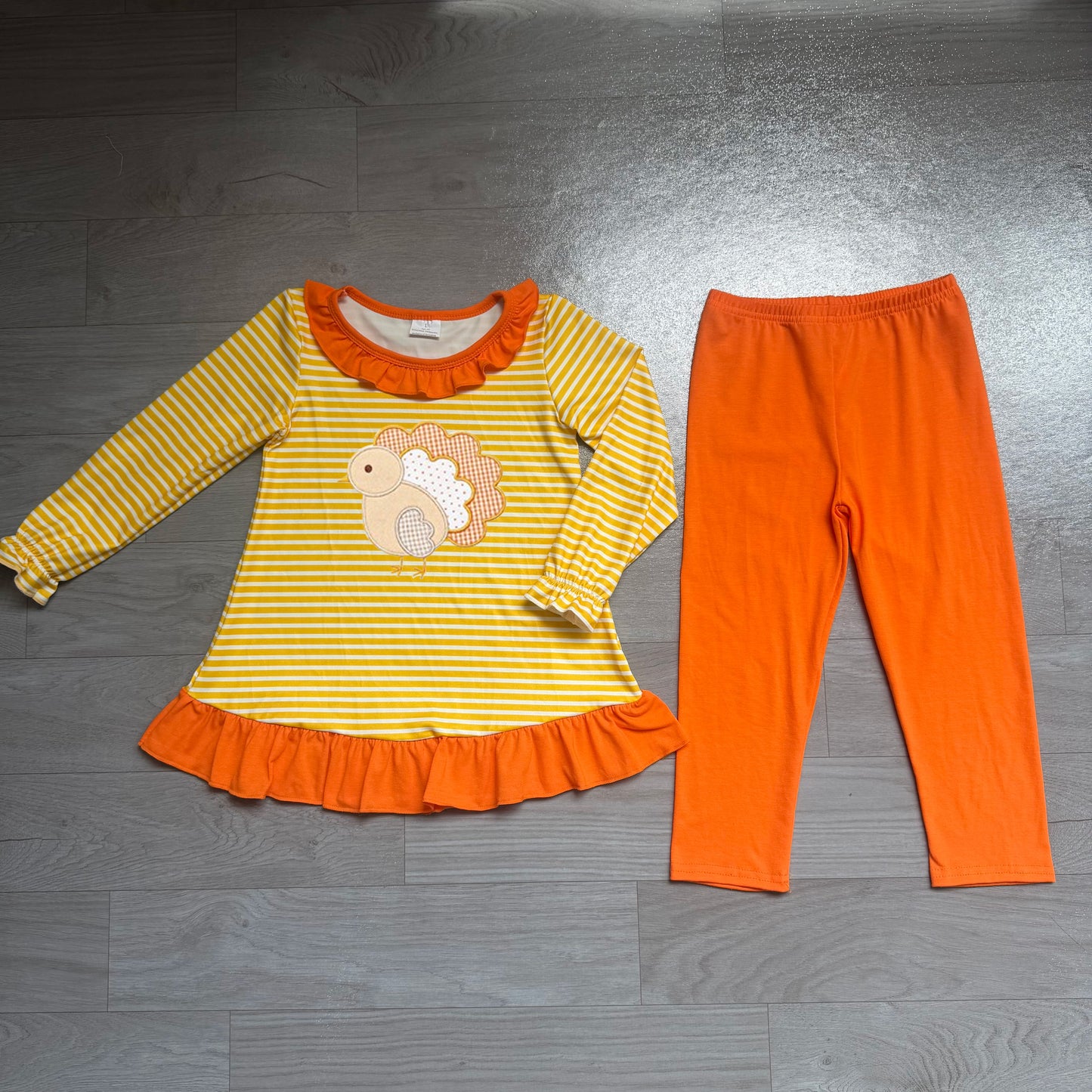 (Sample) No moq milk silk GLP3493 Embroidery Toddler Girls Orange Stripe Turkey Print Tunic Matching Legging Pant Two Piece Thanksgiving Clothes Set