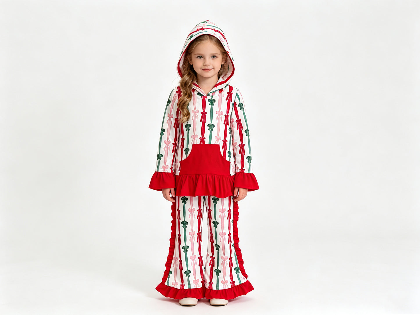 (Sample) No moq milk silk GLP3497 Baby Girls Green Red Bows Stripe Pocket Hoodie Ruffle Pant Christmas Clothes Sets Holiday Outfit
