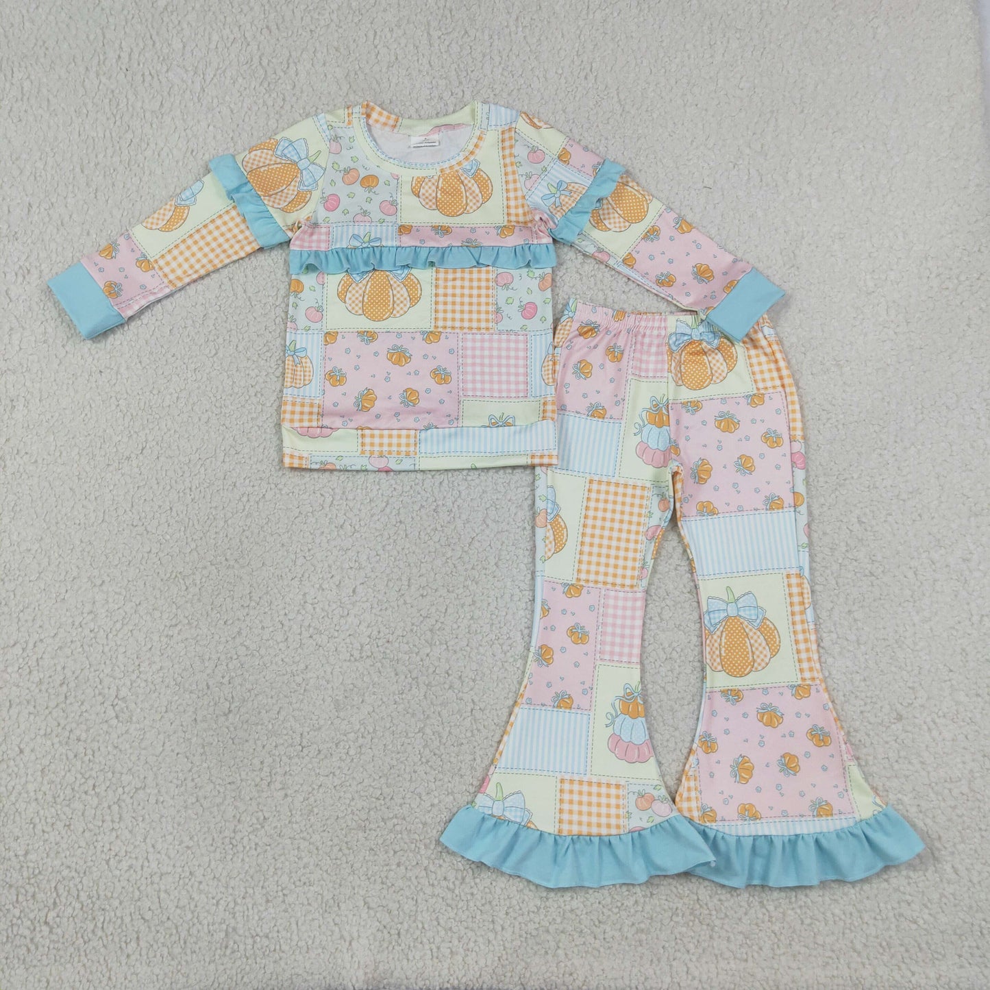 RTS NO MOQ Sibling milk silk Baby Girls Flowers Bows Pumpkins Top Flare Ruffle Pant Fall Clothes Sets