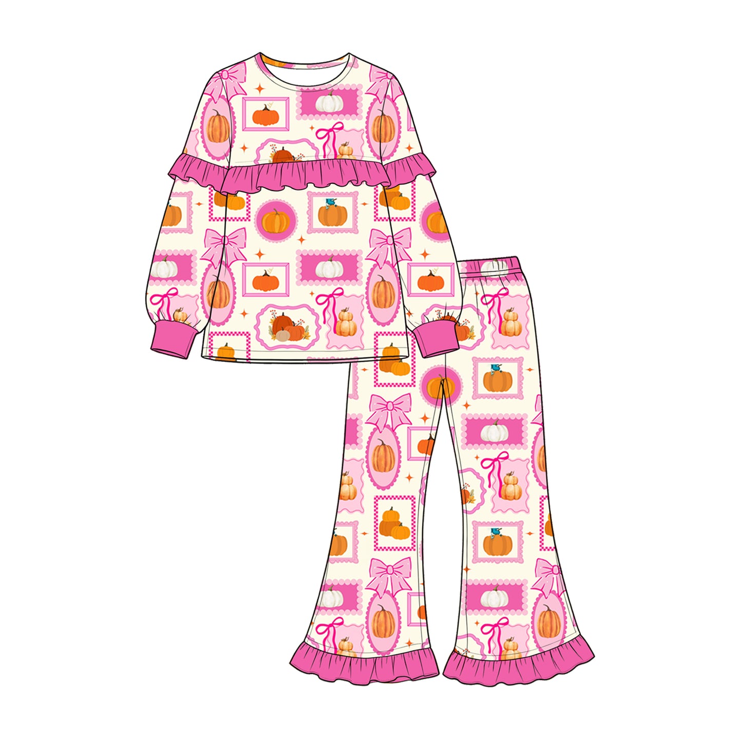 (Preorder new) No moq GLP3504 Baby Girls Pumpkin Plaid Print Bow Long Sleeve Top High Waist Pants Set
