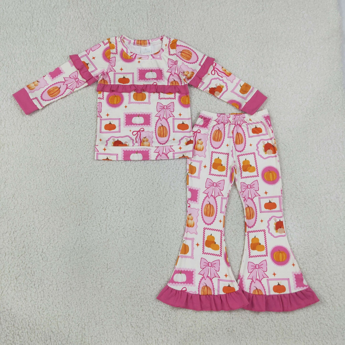 RTS NO MOQ Sibling milk silk Baby Girls Bows Pumpkins Checked Top Flare Pant Fall Clothes Sets