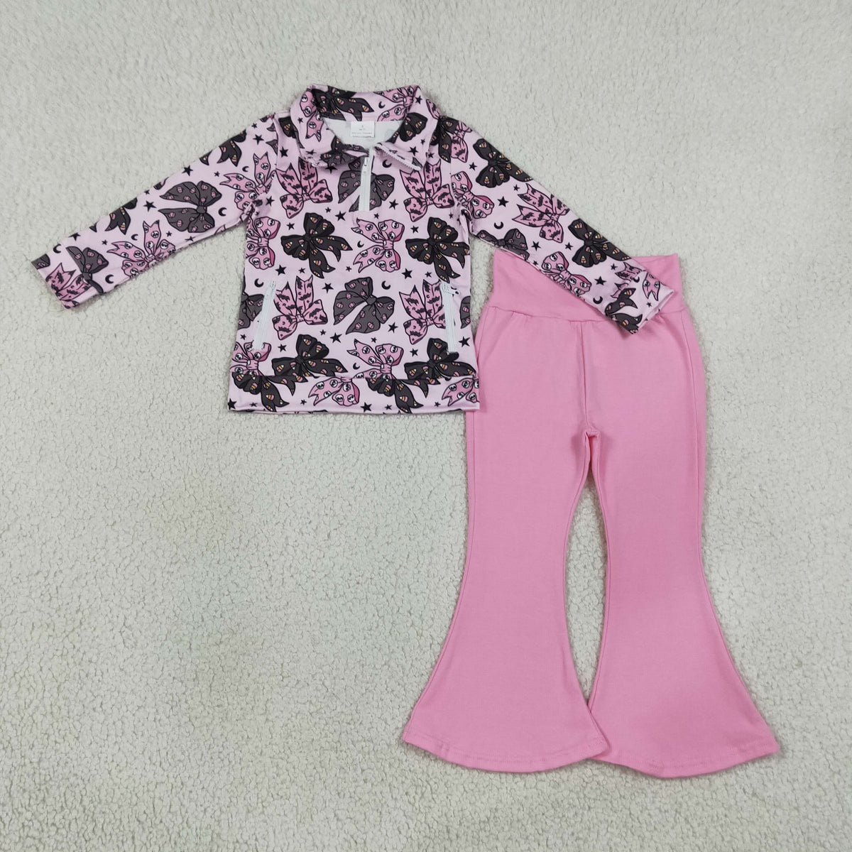 RTS NO MOQ Sibling milk silk Baby Girls Halloween Ghost Print Zip Pocket Pullover Flare Pants Fall Outfit Set