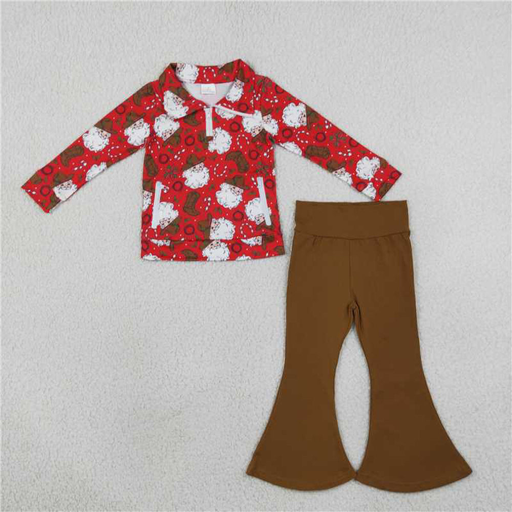 RTS NO MOQ Sibling milk silk Baby Girls Christmas Santa Print Half Zip Collar Top Solid Flare Pant Outfit Set