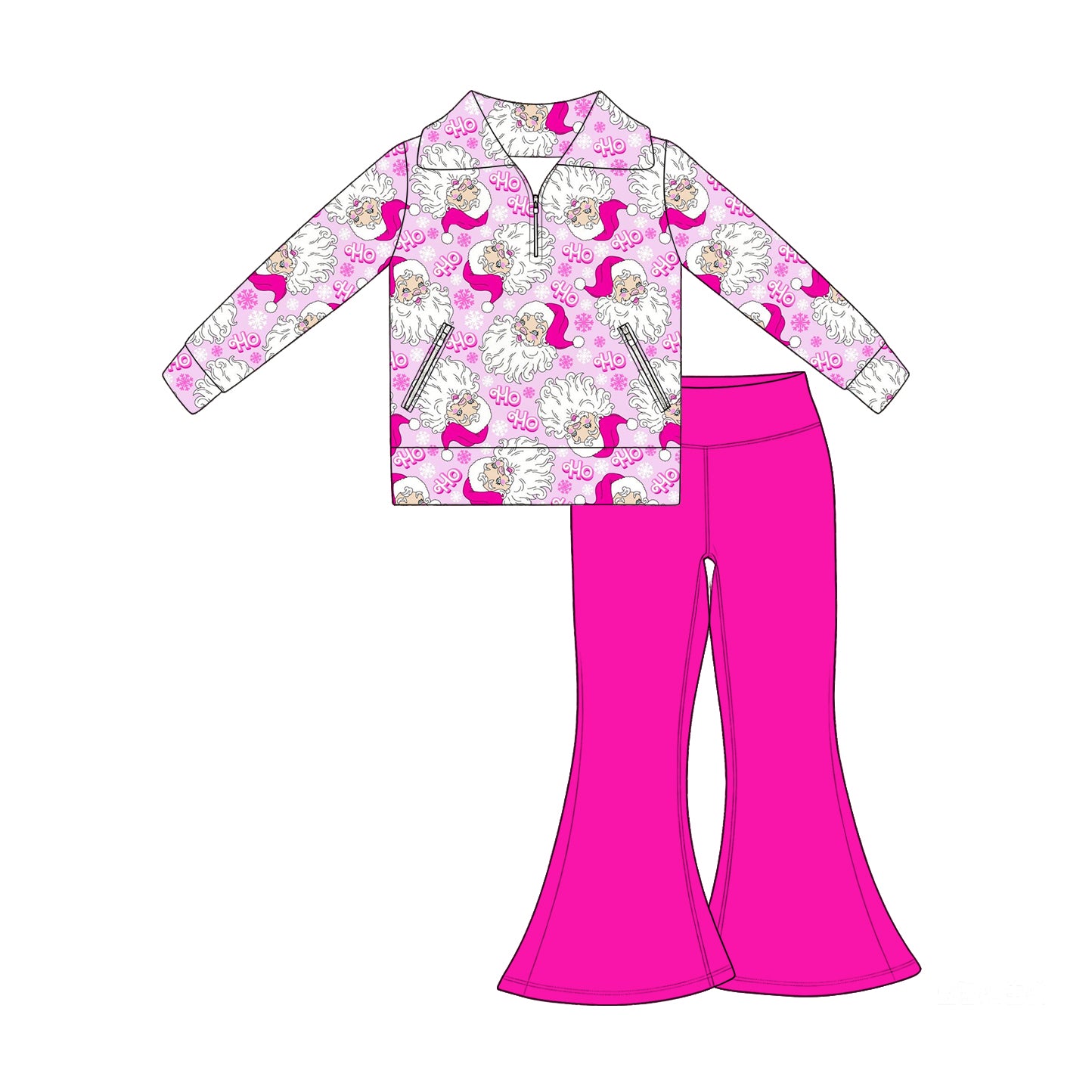 (Preorder new) No moq Baby Girls Christmas Holly Santa Print Zip Side Pocket Pullover Flare Pants Set