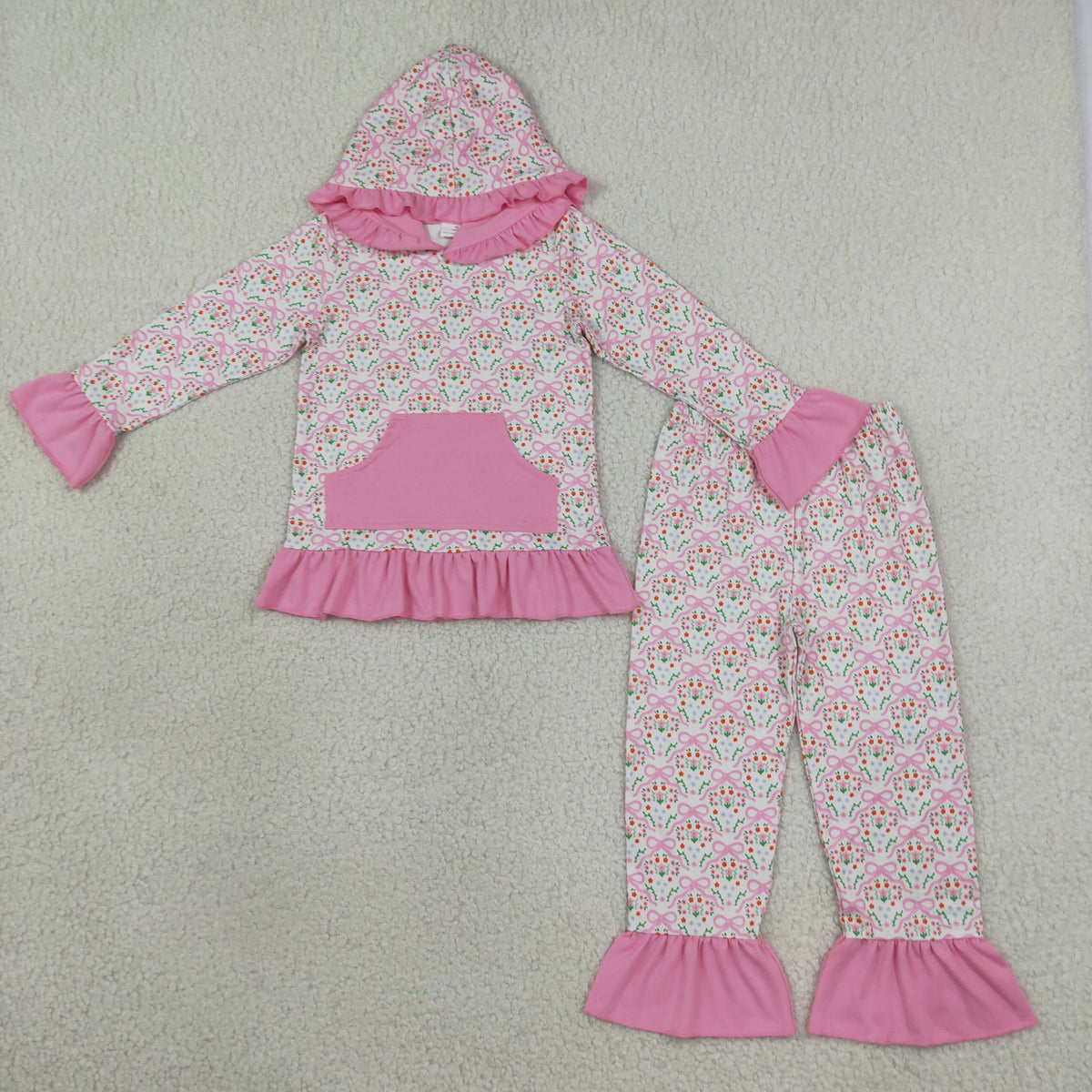 RTS NO MOQ Sibling milk silk Baby Girls Floral Print Ruffle Hoodie Kangaroo Pocket Flare Pants Set