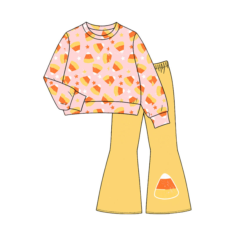 (Preorder new) No moq GLP3535 Baby Girls Pink Print Long Sleeve Top Yellow Flare Pants Halloween Set