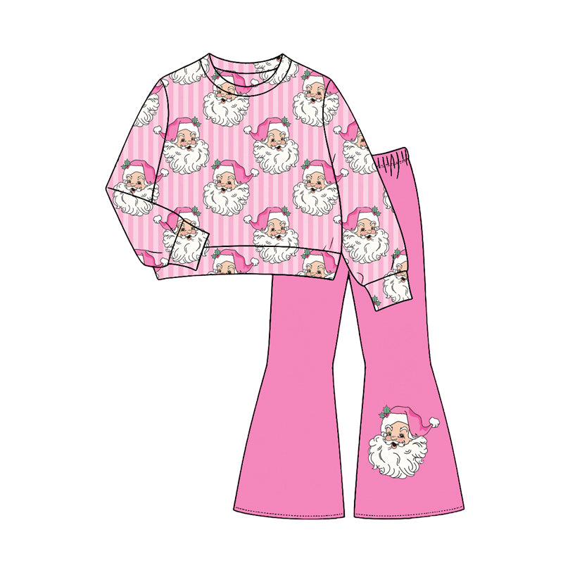 (Preorder new) No moq GLP3538 Baby Girls Pink Striped Santa Print Long Sleeve Top Pink Flare Bell Bottom Pants Set