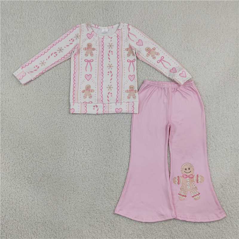 RTS NO MOQ Sibling milk silk Baby Girls Casual Pink Stripe Santa Long Sleeve Top Flare Pant Christmas Clothes Sets