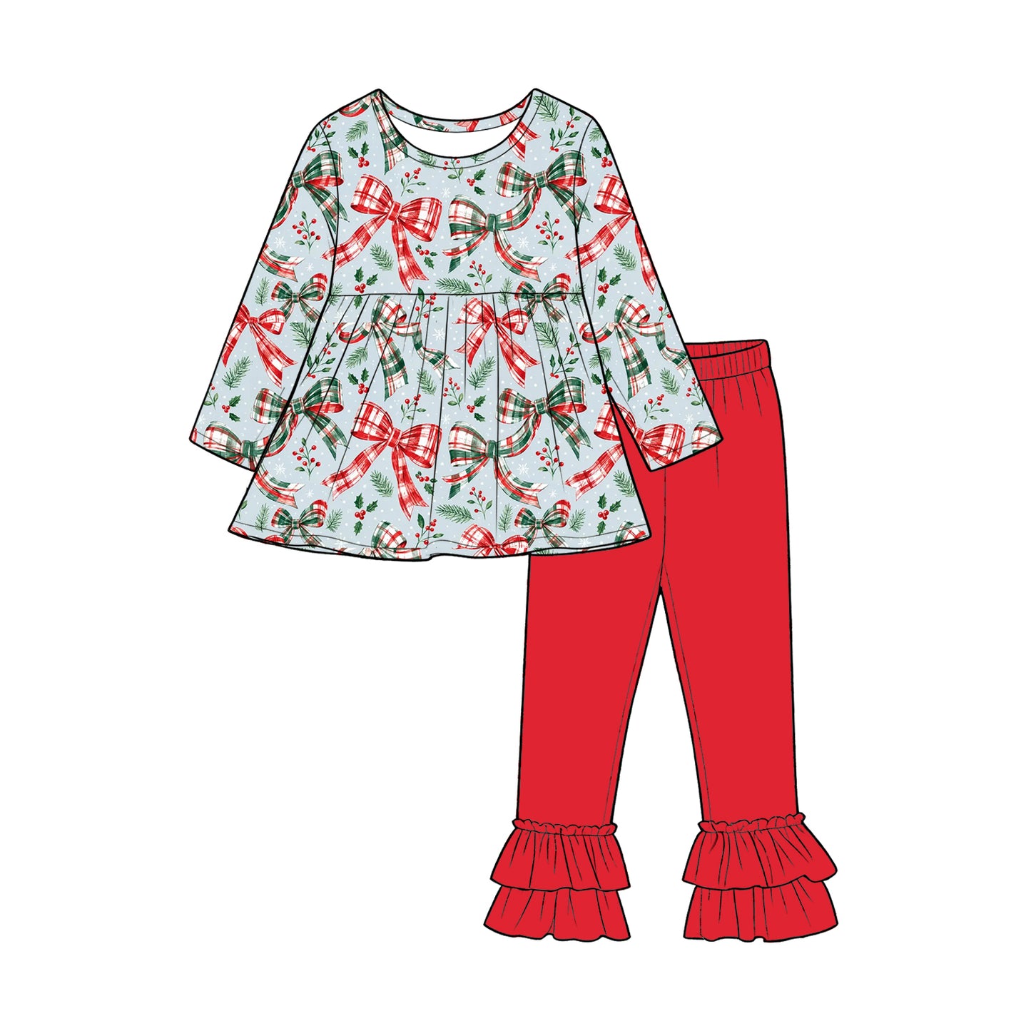 (Preorder new) No moq Baby Girls Plaid Bow Print Tunic Top Ruffle Pant Set Dress