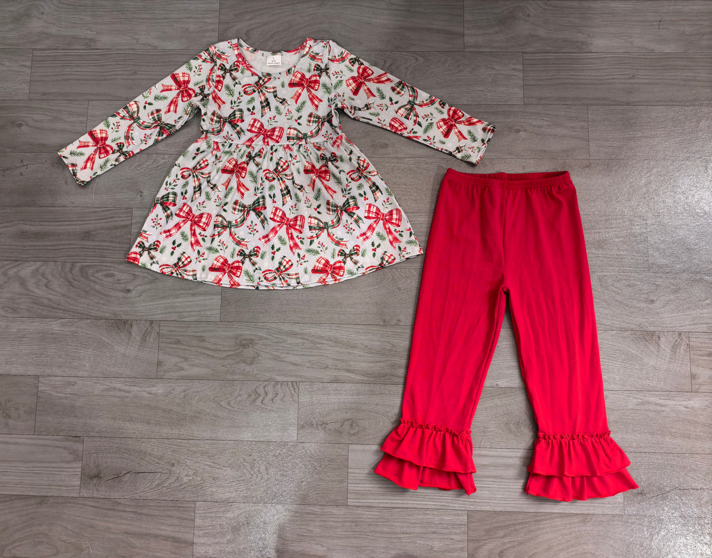 (Sample) No moq milk silk GLP3541 Baby Girls Red Green Plaid Check Bow Holly Leaf Print Long Sleeve TopRuffle Hem Long Pants Winter Christmas Daily Clothes Set