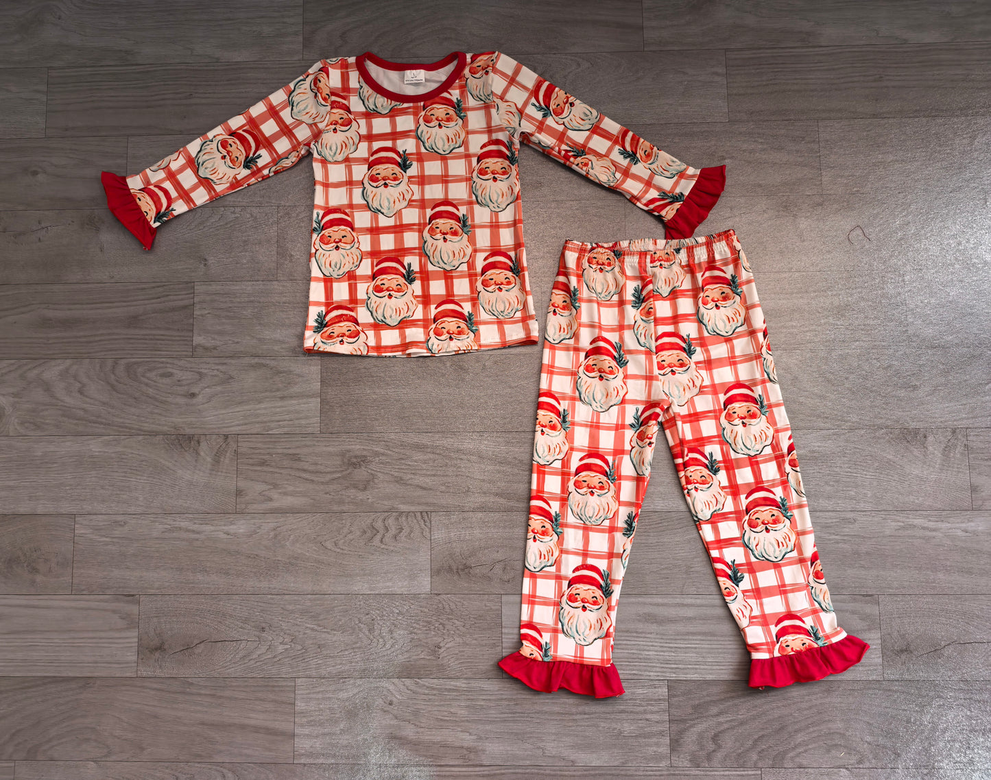 (Sample) No moq milk silk GLP3542 Baby Girls Red Plaid Santa Print Long Sleeve Top Matching Ruffle Hem Full Length Pants Christmas Pajamas Loungewear Set