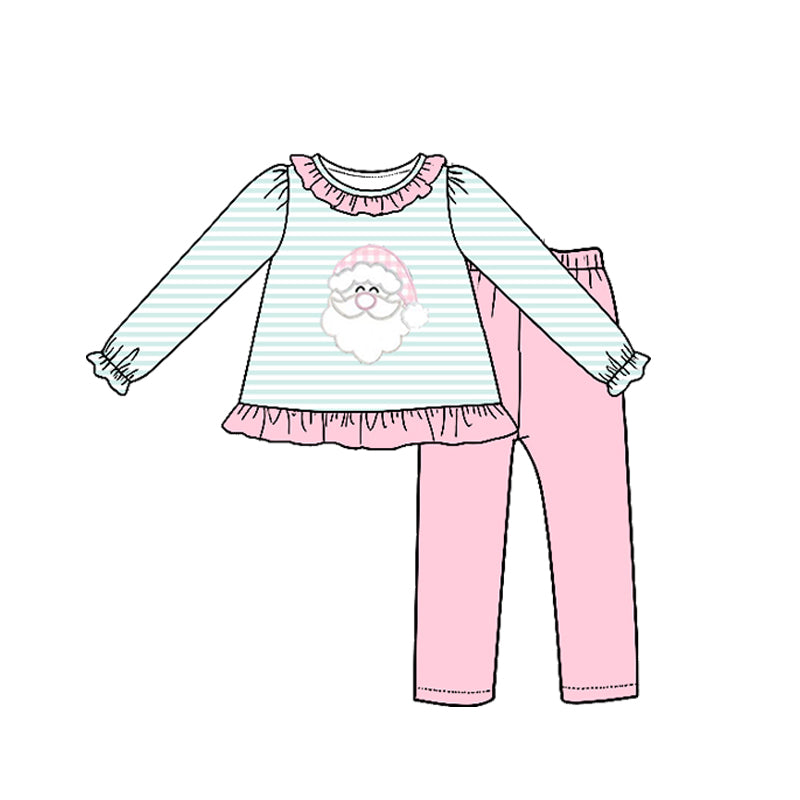(Preorder new) No moq Baby Girls Light Mint Striped Santa Long Sleeve Top Pants Set
