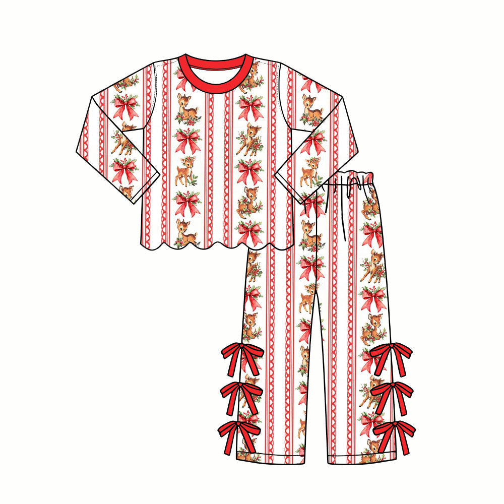 (Preorder new) No moq Baby Girls Christmas Deer Red Bow Stripe Print Long Sleeve Half Zip Top Skort Set Dress Adult Pant
