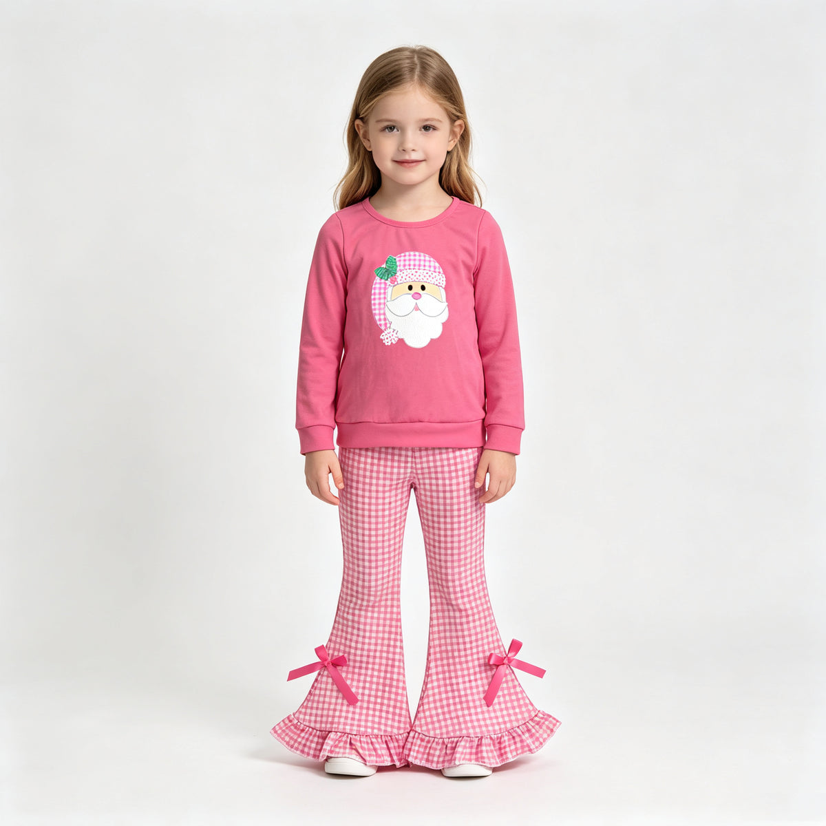 (Sample) No moq milk silk GLP3561 Embroidery Baby Girls Holly Santa Top Checked Flare Pant Christmas Clothes Sets