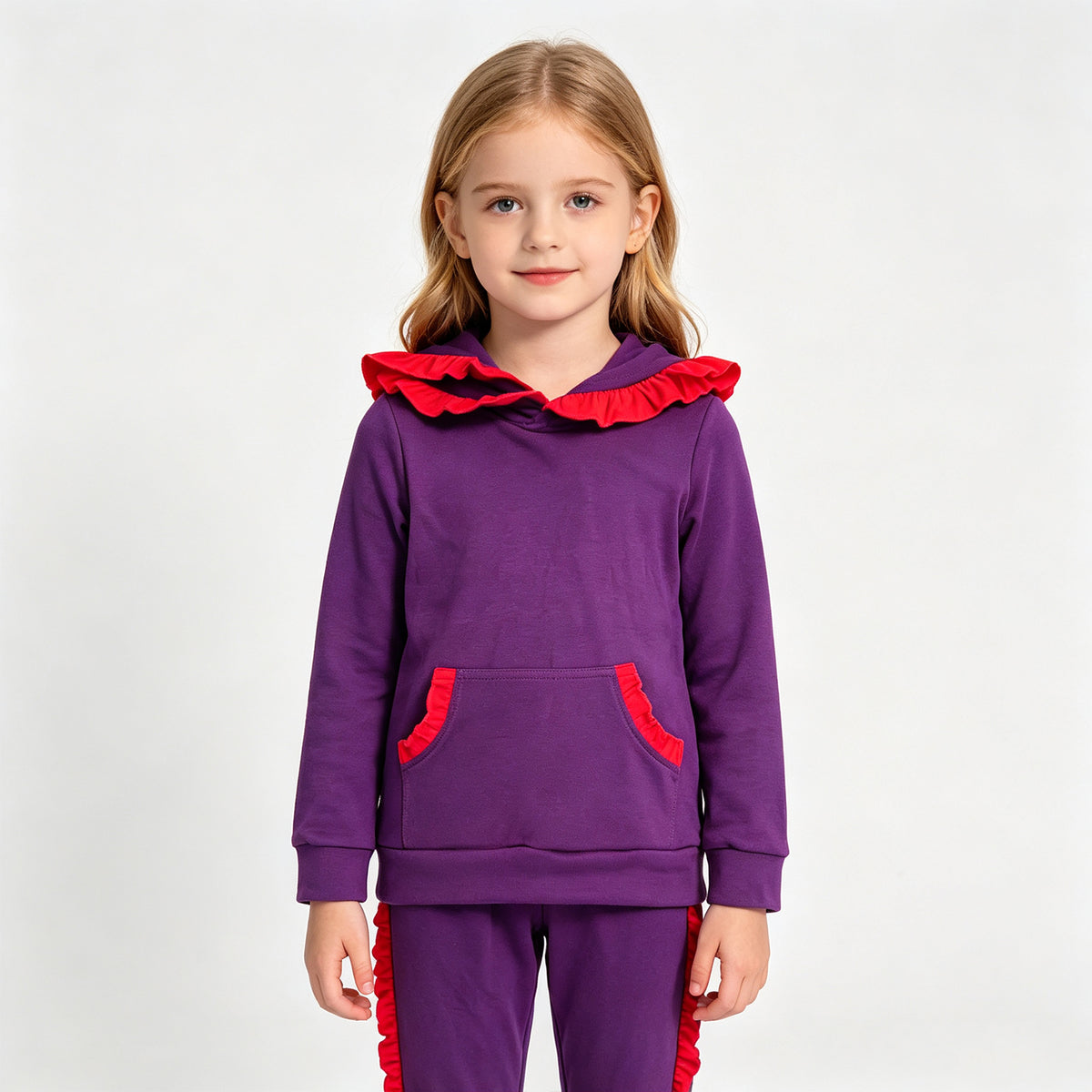 (Sample) No moq cotton GLP3564 Baby Girls Long Sleeve Ruffle Hoodie Pockets Jogger Clothes Sets
