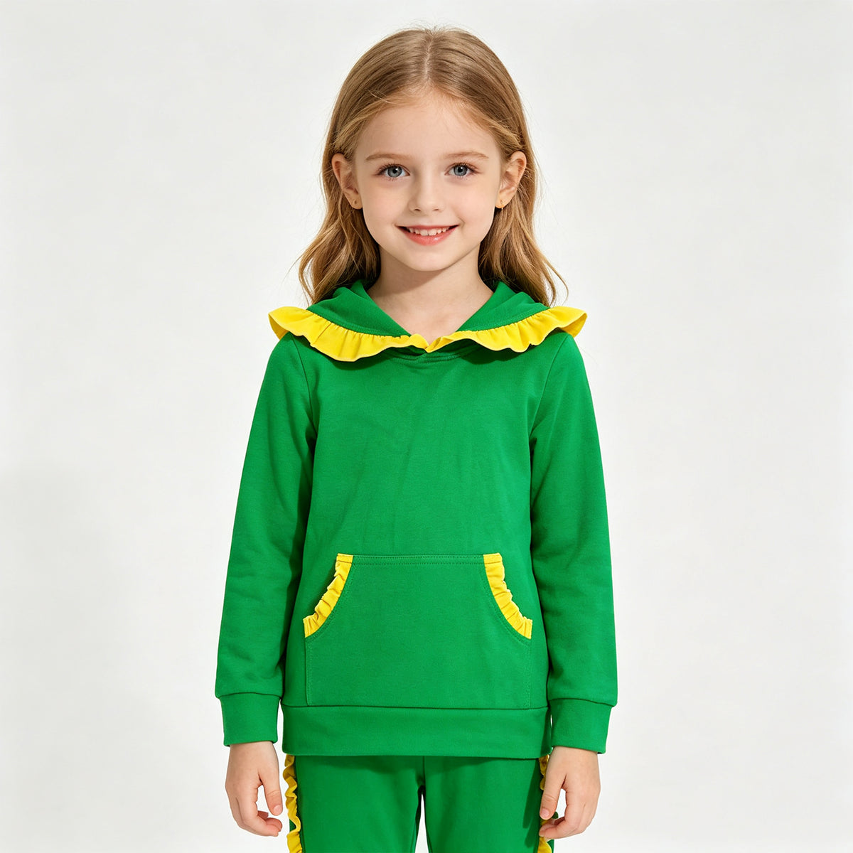 (Sample) No moq cotton GLP3569 Baby Girls Yellow Green Long Sleeve Ruffle Hoodie Pockets Jogger Sets