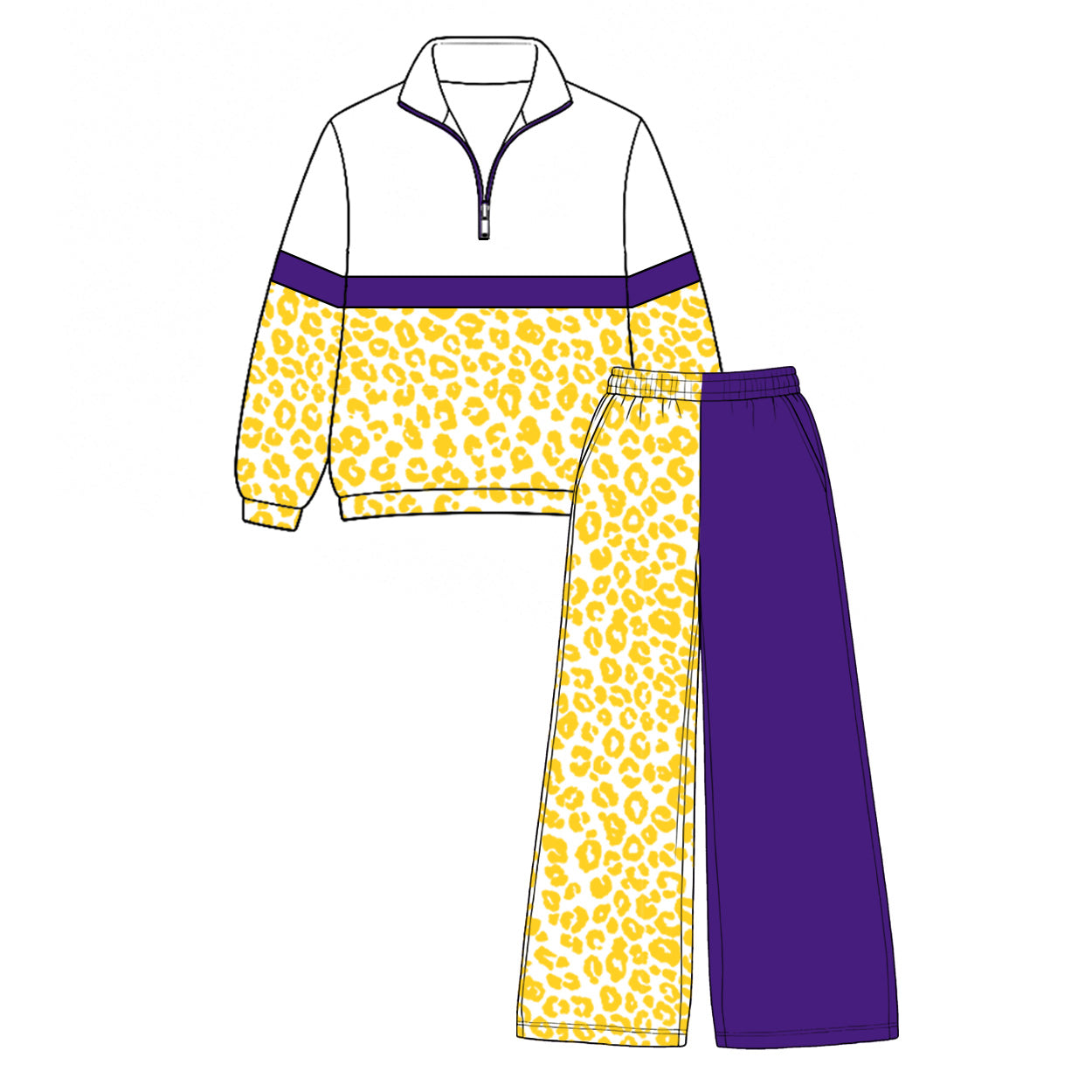 (Preorder new) No moq GLP3580 Baby Girls Color Block Purple Yellow Leopard Half Zip Collar Sweatshirt Wide Leg Pants Casual Outfit Set