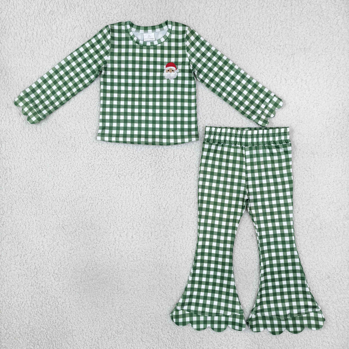 NEW RTS NO MOQ milk silk GLP3589 Embroidery Baby Girls Green Checked Top With Embroidery Santa Scallop Pant Christmas Outfit Set