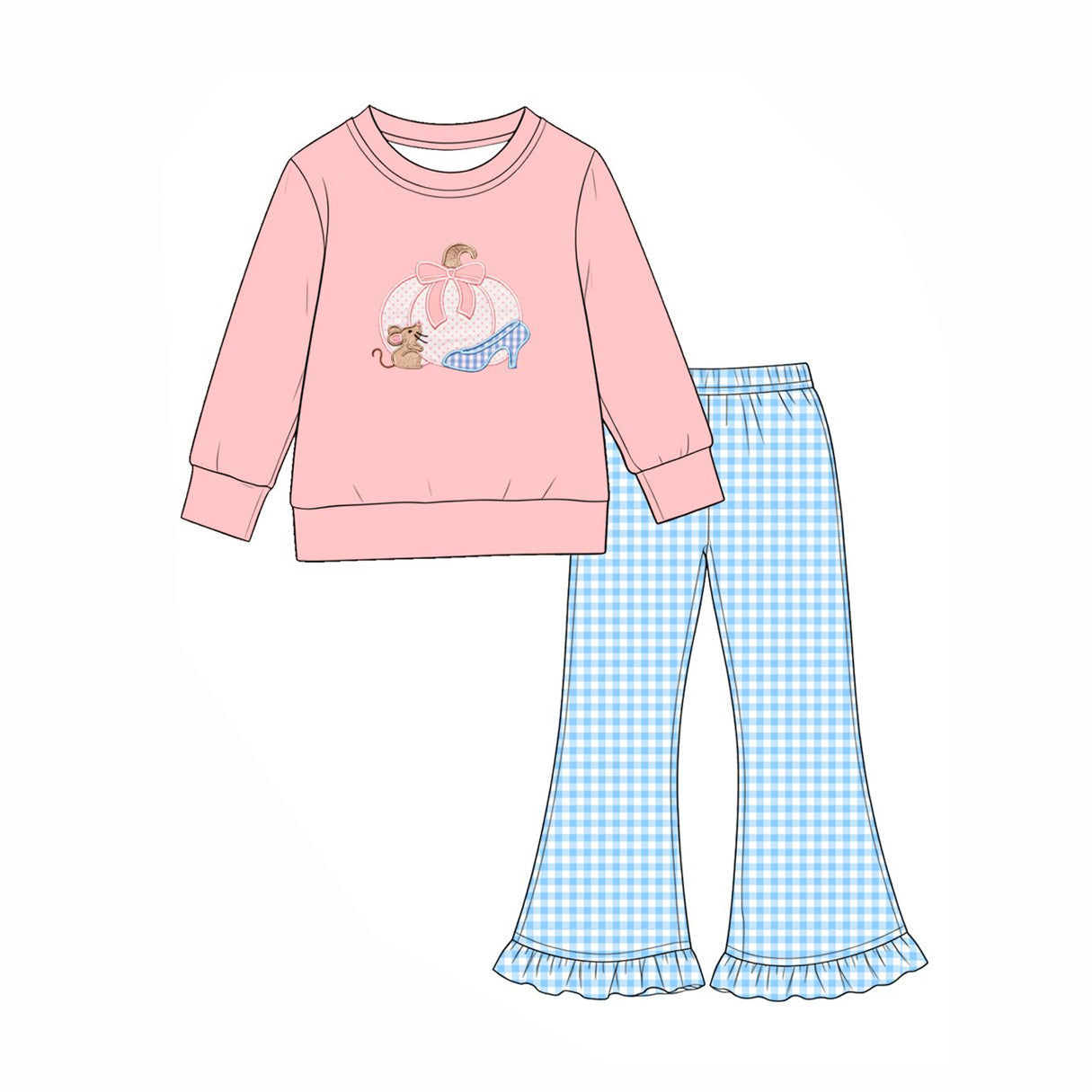 (Preorder new) No moq Baby Girls Light Blue Gingham Ruffle Flare Pants Ruffle Set Shoulder Long Sleeve Baby Romper