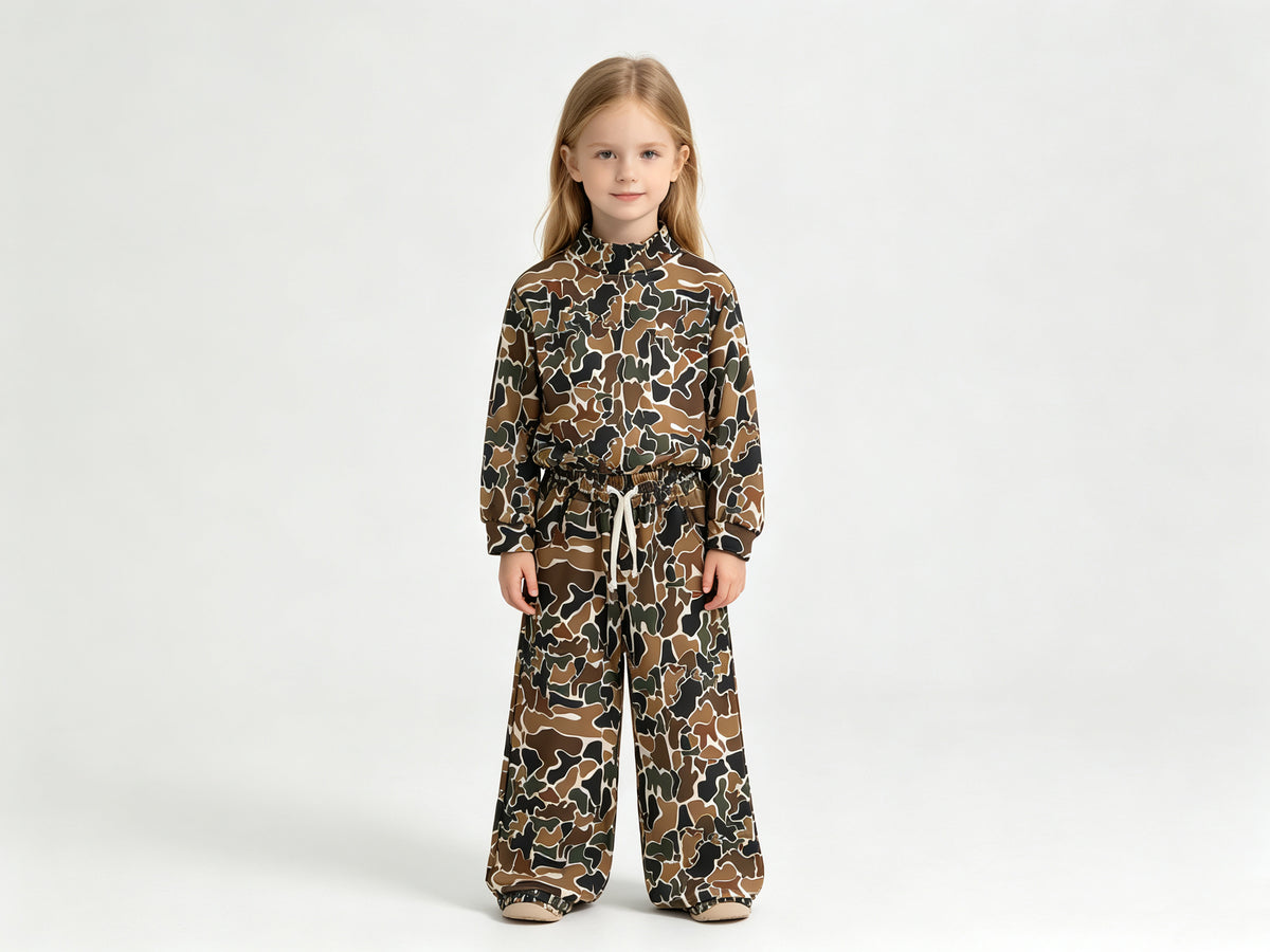 (Sample) No moq yoga fabric GLP3601(GT1812+P1104 Yoga Baby Girls High Neck Dark Brown Camo Long Sleeve Top Pockets Pants Yoga Active Clothes Set
