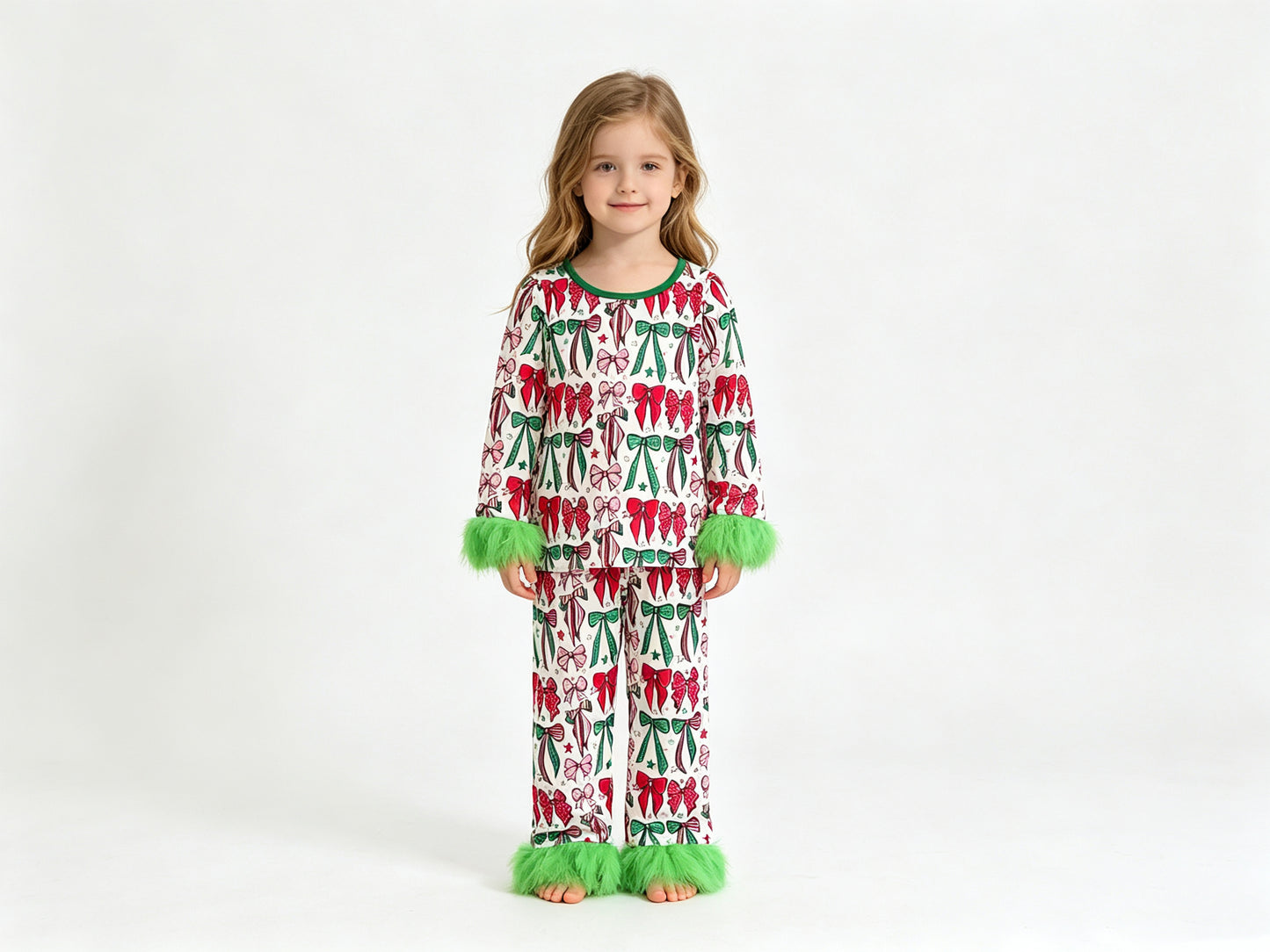 (Sample) No moq milk silk GLP3611 Baby Girls Green Red Bows Top Pants Fur Sleeves Christmas Pajamas Set Holiday Sleep Outfit
