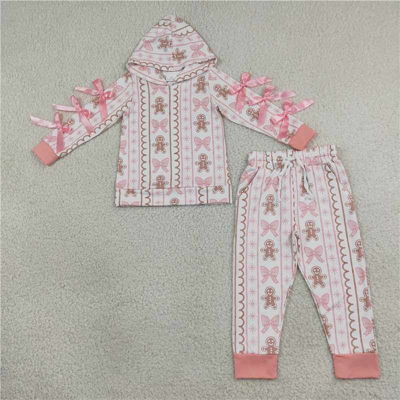 RTS NO MOQ Sibling milk silk Baby Girls Christmas Print Santa Gingerbread Bow Long Sleeve Pant Set